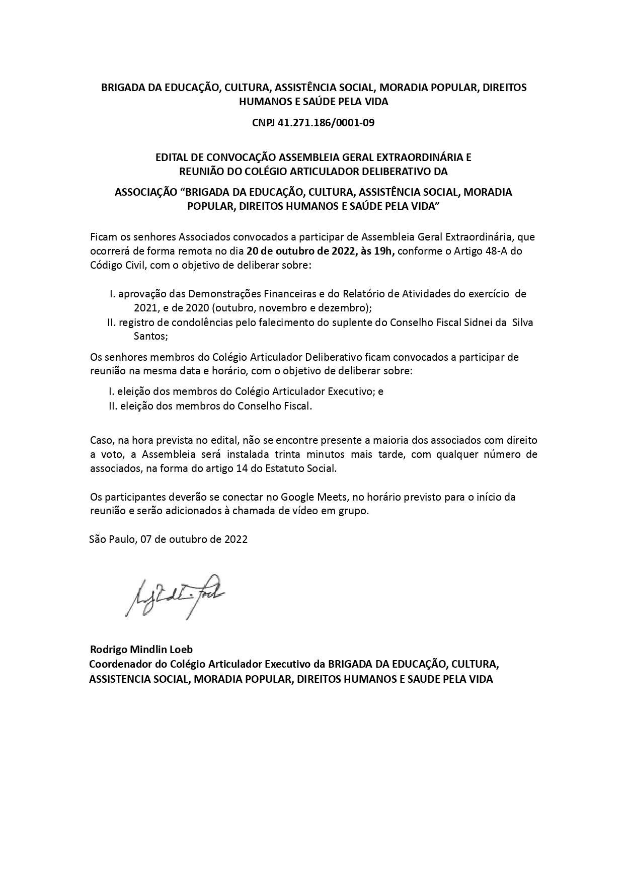 Convocatoria Assembléia Extraordinaria - Brigadas Pela Vida 2022