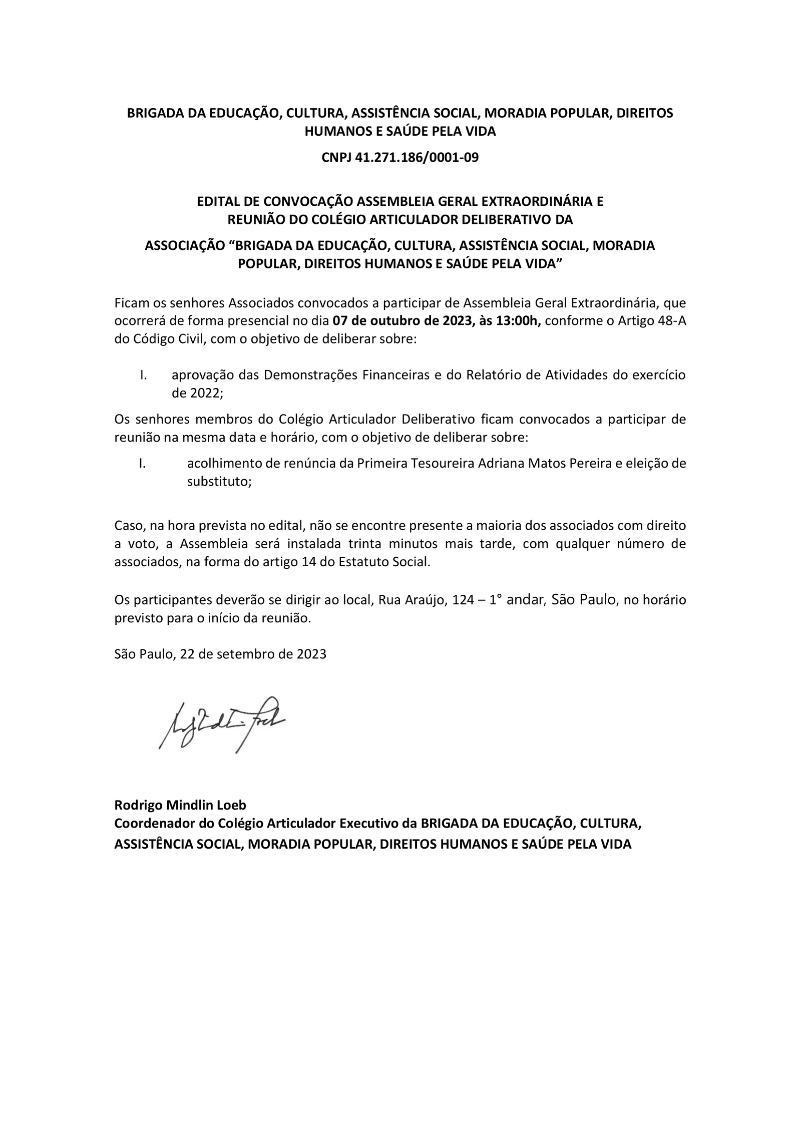 Convocatoria Assembléia Extraordinaria - Brigadas Pela Vida 2023