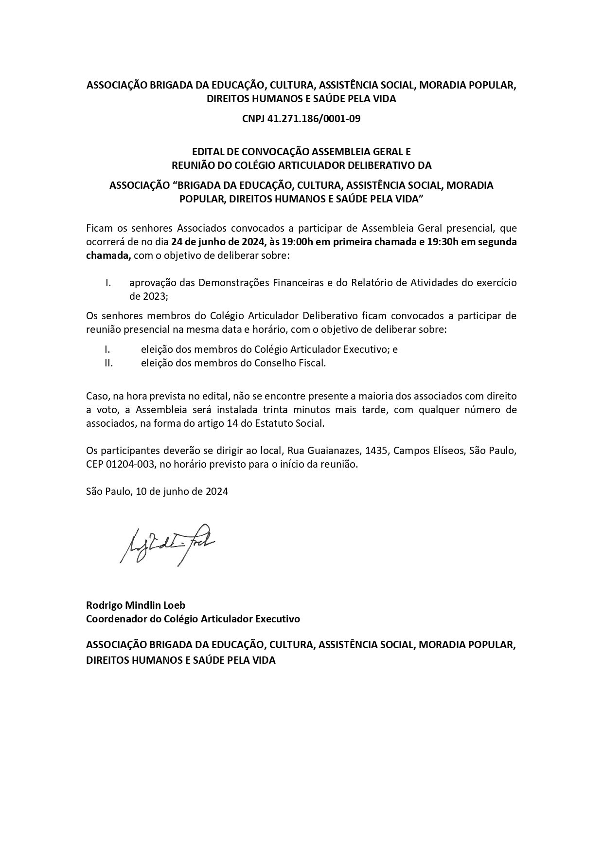 Convocatoria Assembléia Extraordinaria - Brigadas Pela Vida 2024
